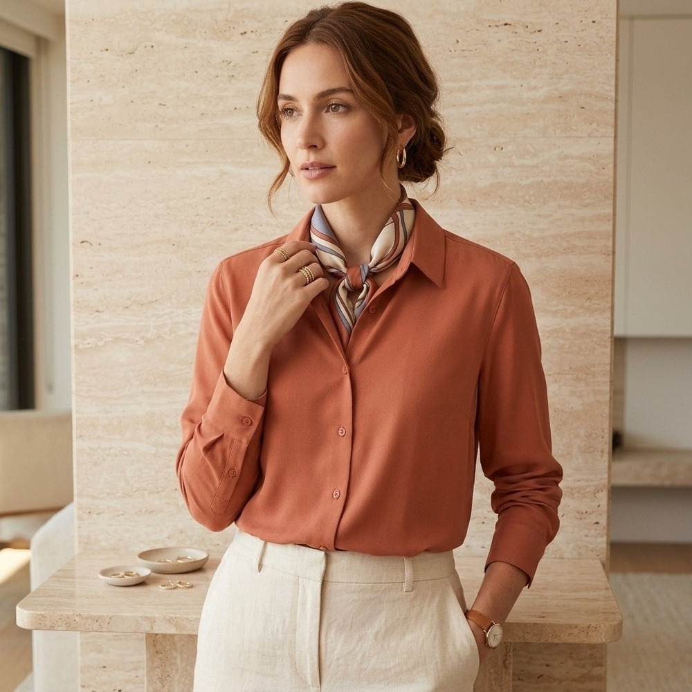Uniqlo Rayon Long Sleeve Blouse Burnt Orange Button Down Shirt Womens Medium
